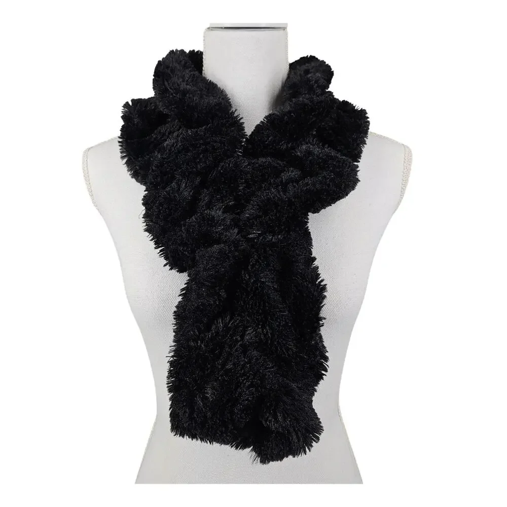BLACK UNISEX FLUFFY FAUX FUR WINTER SCARF – PLUSH TEXTURE – SOFT & WARM